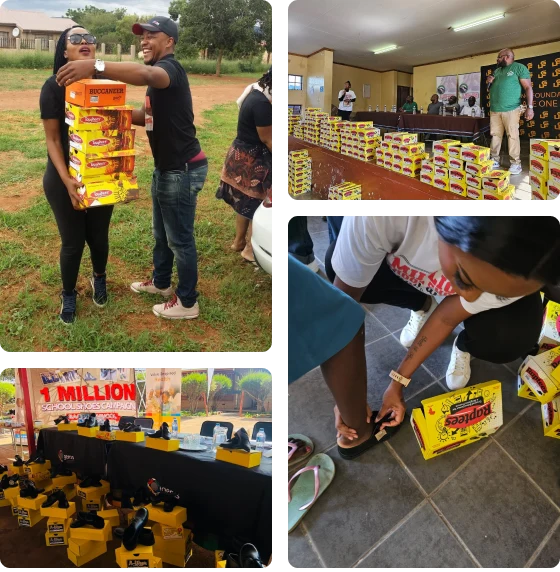Volunteers holding shoe boxes